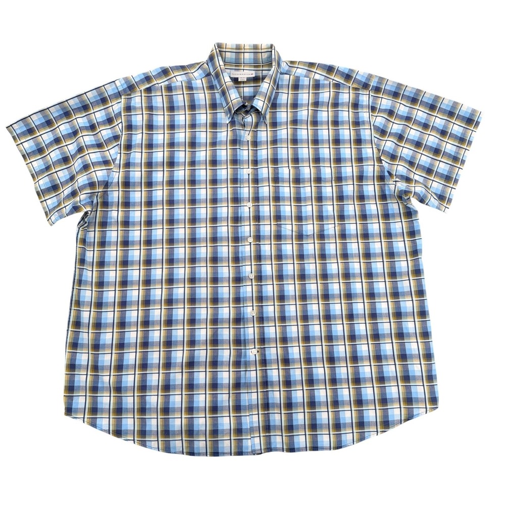 Cutter & Buck Blue Gold Plaid Short Sleeve Button Down Cotton Shirt Mens 3XB